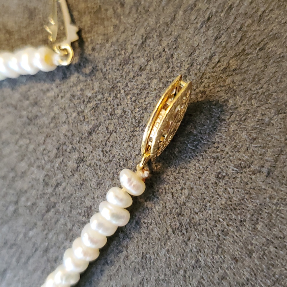 14K Gold Filigree Clasp Freshwater Rice Pearl Necklace 17” | Hand Knotted - Picture 4 of 5